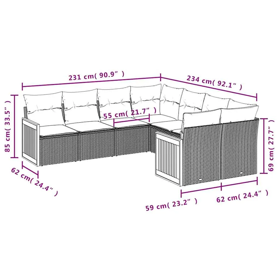 Ensemble de canapé de jardin 8 pcs avec coussins gris résine tressée - 7