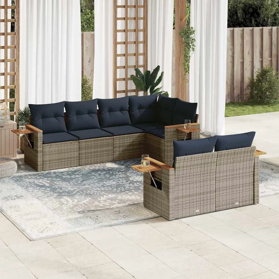 Salon de jardin 7 pcs avec coussins gris résine tressée