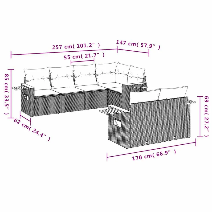 Salon de jardin 7 pcs avec coussins gris résine tressée - 8