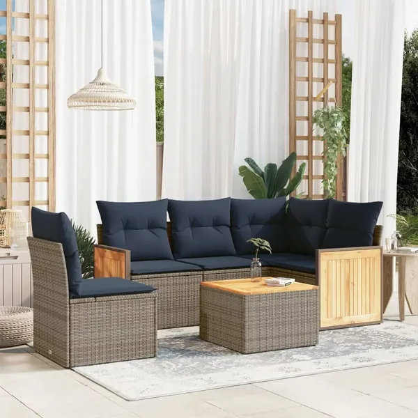 Ensemble de canapé de jardin 6 pcs avec coussins gris résine tressée