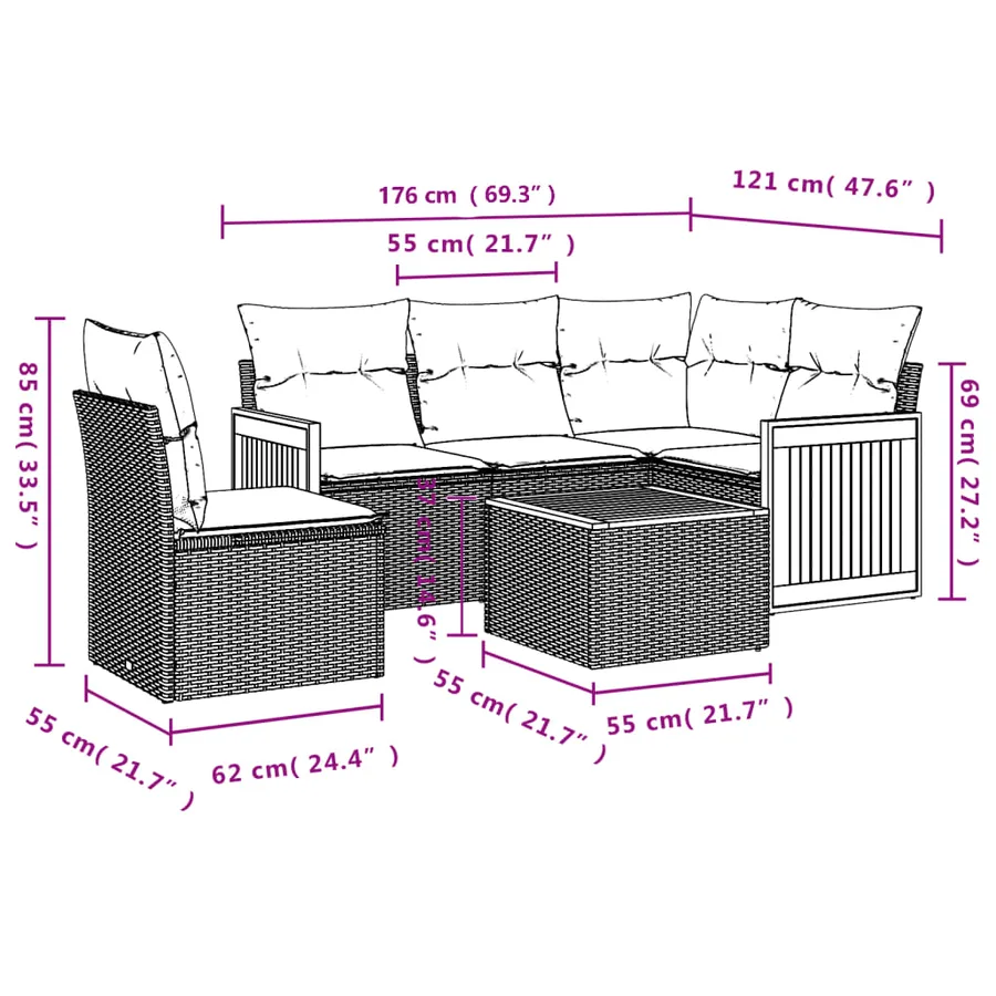 Ensemble de canapé de jardin 6 pcs avec coussins gris résine tressée - 8