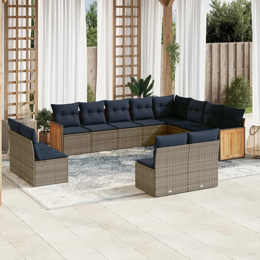 Ensemble de canapé de jardin 12 pcs avec coussins gris résine tressée