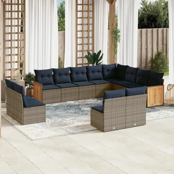 Ensemble de canapé de jardin 12 pcs avec coussins gris résine tressée
