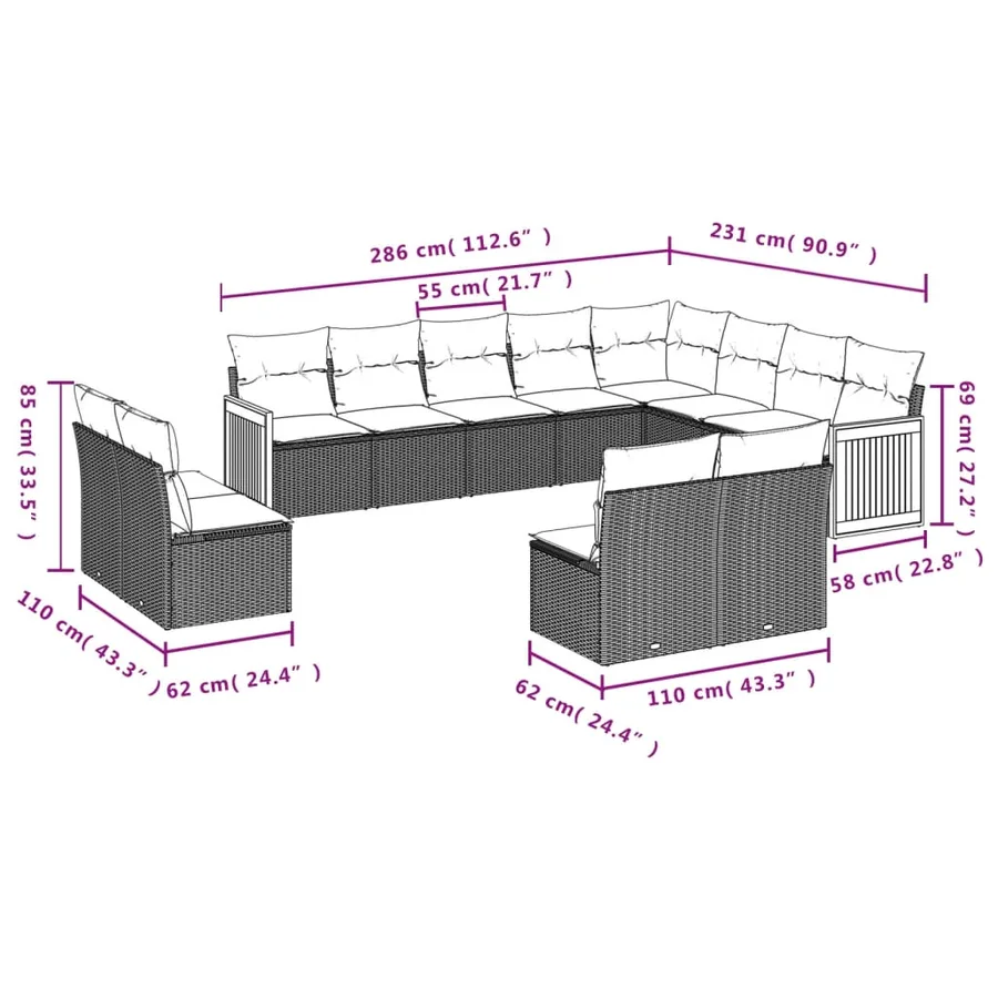 Ensemble de canapé de jardin 12 pcs avec coussins gris résine tressée - 7