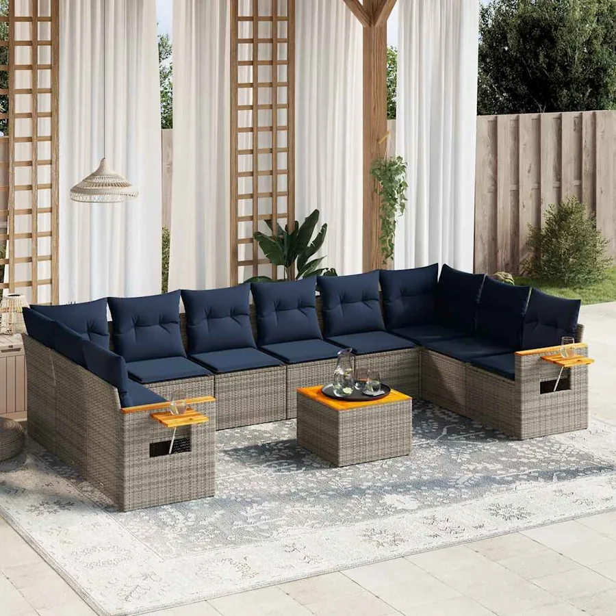 Salon de jardin 11 pcs avec coussins gris résine tressée
