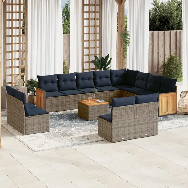 Ensemble de canapé de jardin 13 pcs avec coussins gris résine tressée
