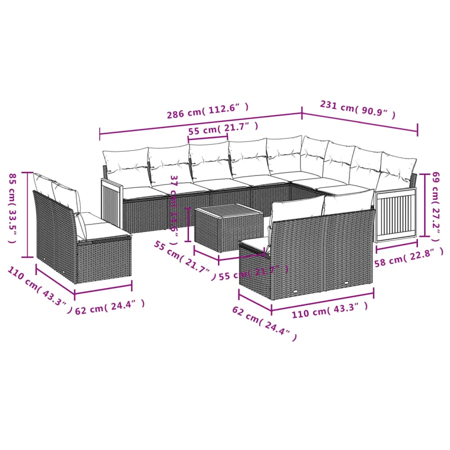 Ensemble de canapé de jardin 13 pcs avec coussins gris résine tressée - 8