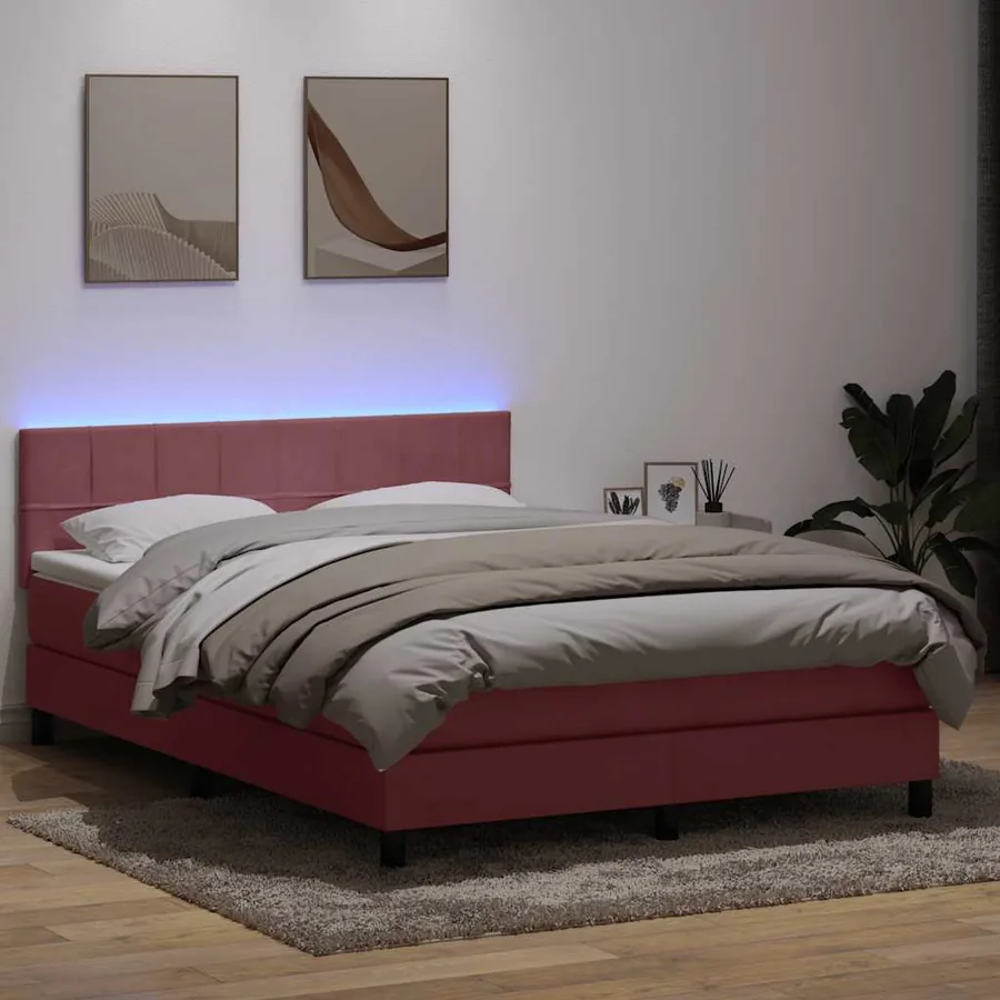 Sommier à lattes de lit avec matelas et LED rose 140x220 cm velours
