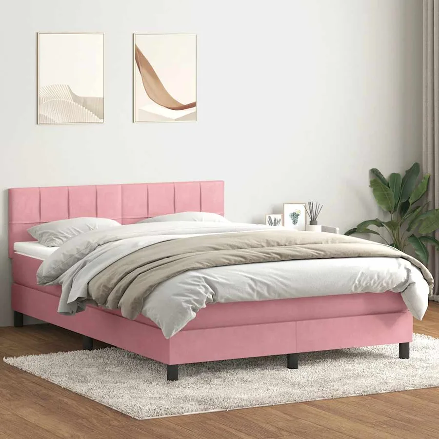 Sommier à lattes de lit avec matelas et LED rose 140x220 cm velours - 4