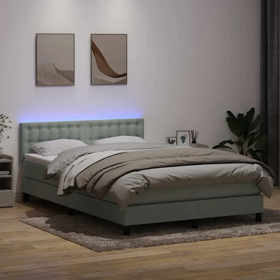 Sommier à lattes de lit et matelas et LED gris clair 160x220cm velours