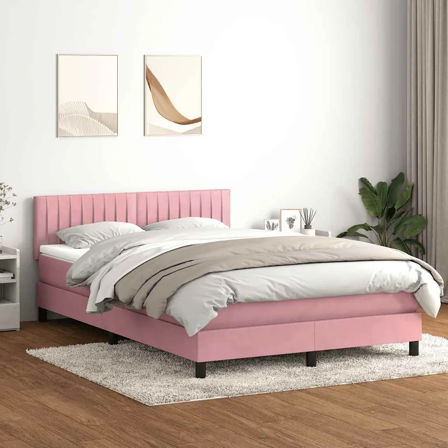 Sommier à lattes de lit avec matelas et LED rose 140x220 cm velours