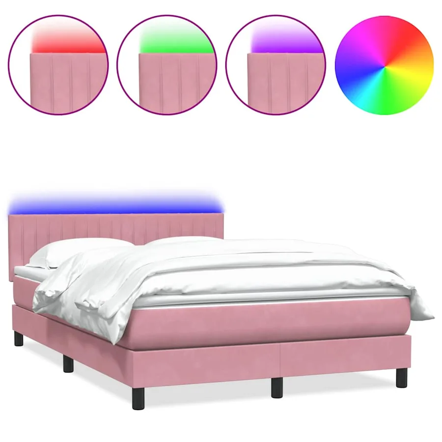 Sommier à lattes de lit avec matelas et LED rose 140x220 cm velours - 2