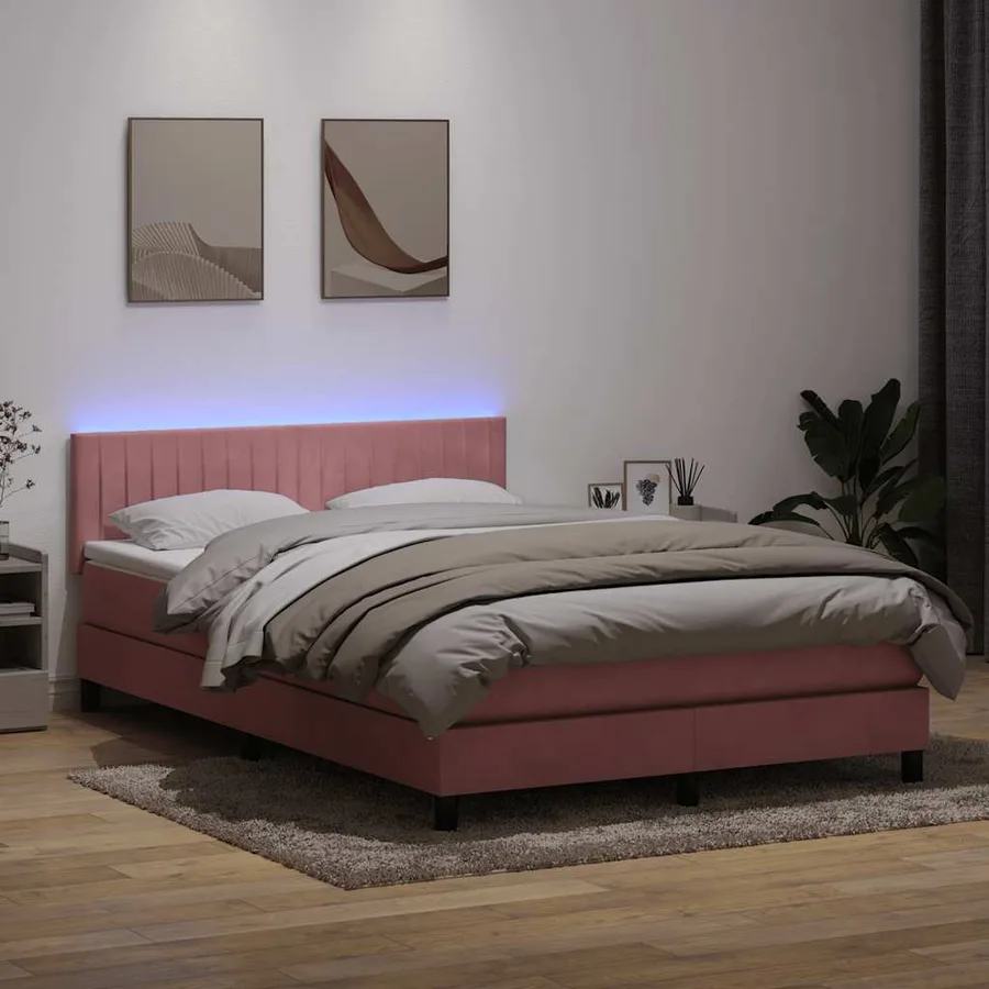 Sommier à lattes de lit avec matelas et LED rose 140x220 cm velours - 4