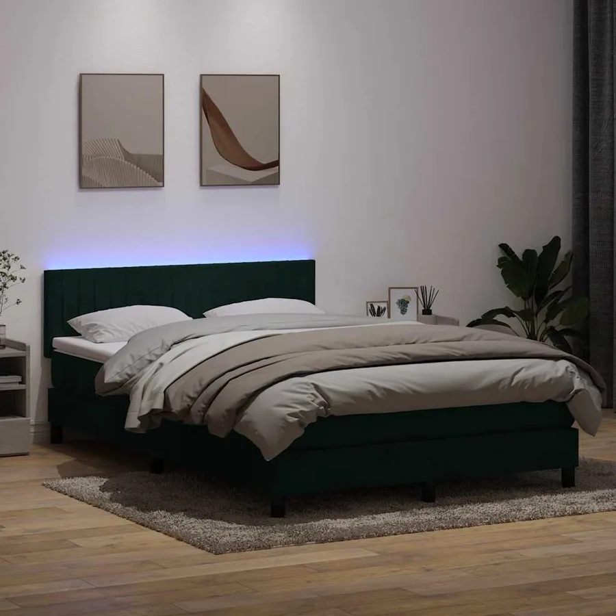 Sommier à lattes de lit et matelas et LED vert foncé 160x220cm velours - 4