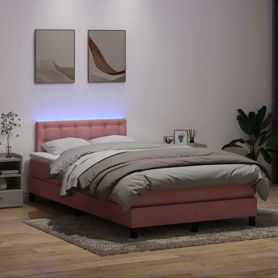 Sommier à lattes de lit avec matelas et LED rose 120x220 cm velours