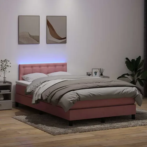 Sommier à lattes de lit avec matelas et LED rose 120x220 cm velours