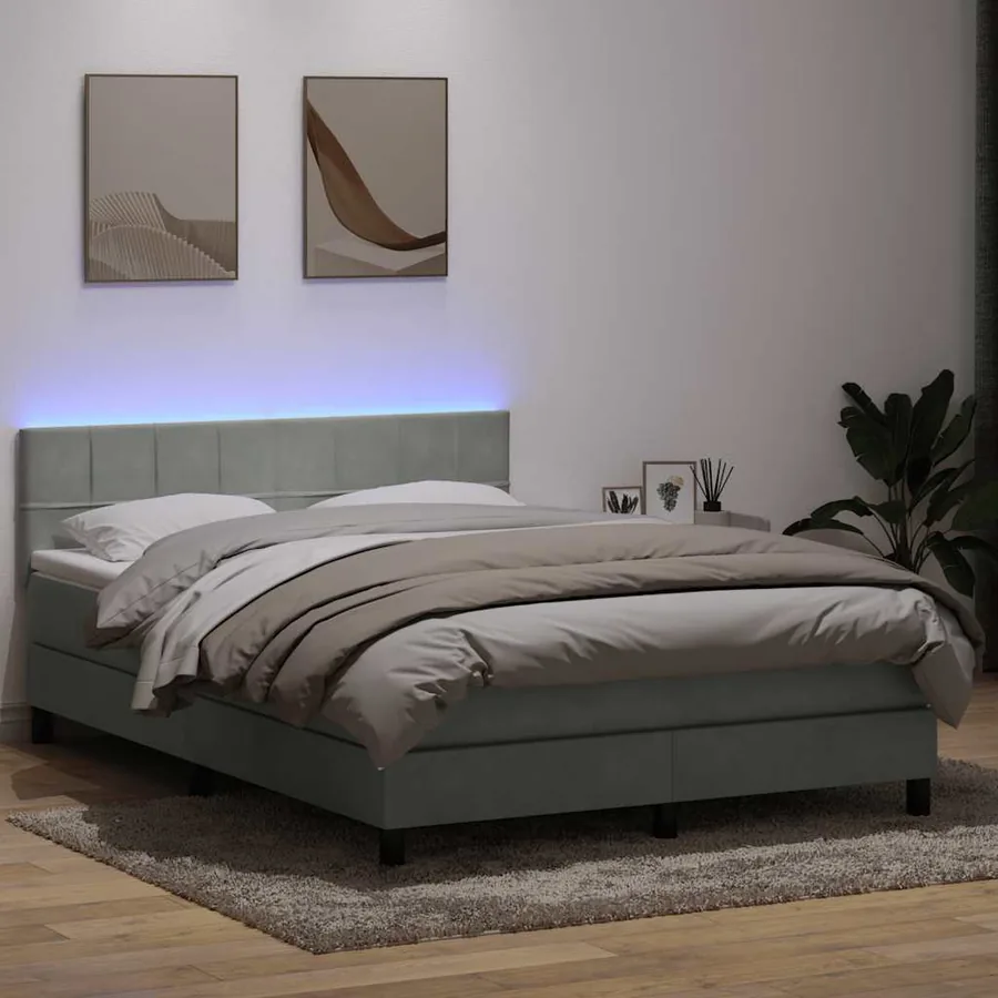 Sommier à lattes de lit et matelas et LED gris clair 140x220cm velours