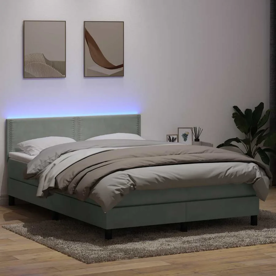 Sommier à lattes de lit et matelas et LED gris clair 140x220cm velours