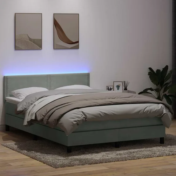 Sommier à lattes de lit et matelas et LED gris clair 140x220cm velours