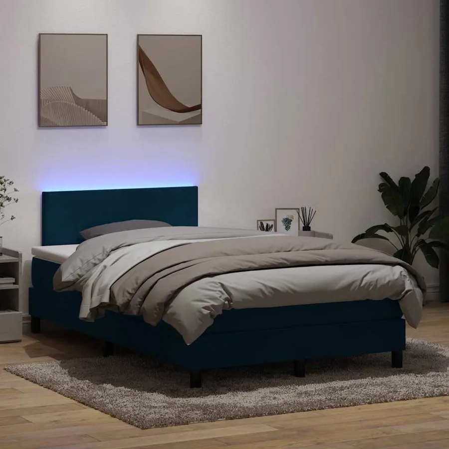 Sommier à lattes de lit et matelas et LED bleu foncé 120x220cm velours - 4