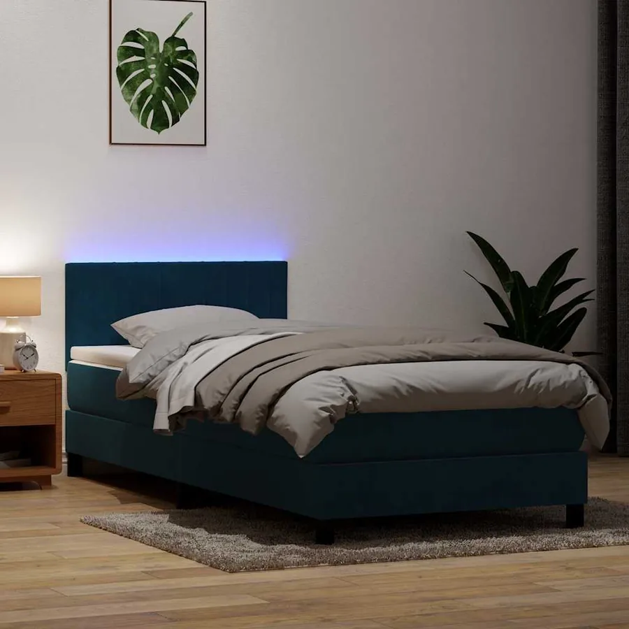Sommier à lattes de lit et matelas et LED bleu foncé 100x220cm velours