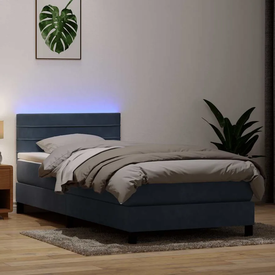 Sommier à lattes de lit et matelas et LED gris foncé 100x220cm velours