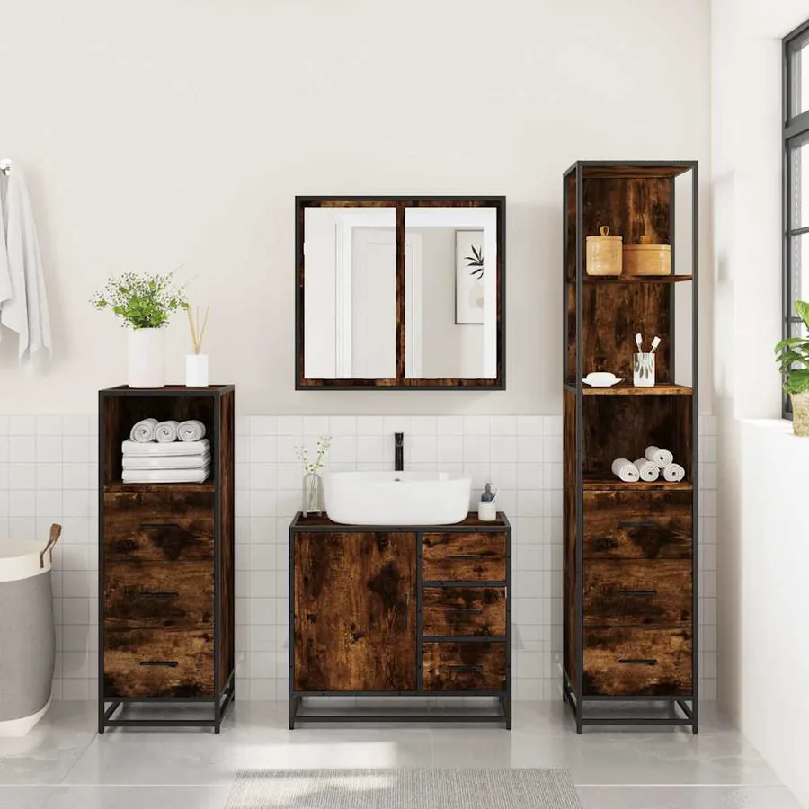 Ensemble meubles salle de bain 4 pcs chêne fumé bois ingénierie - 3