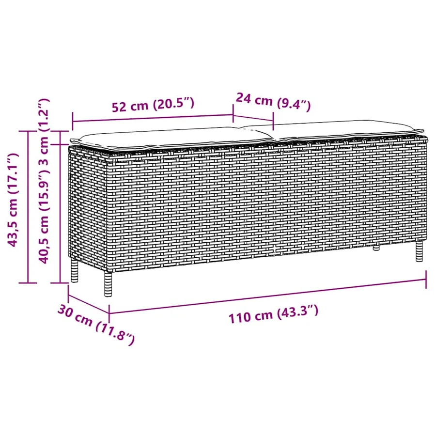 Banc de jardin avec coussin noir 110x30x40,5 cm résine tressée - 8