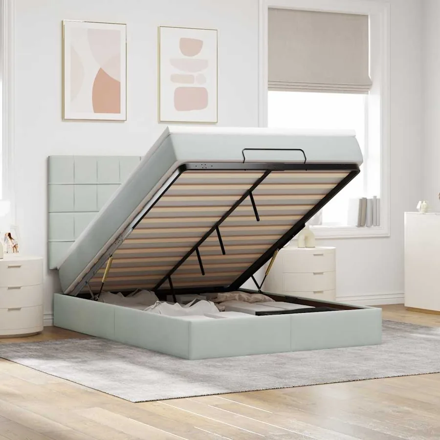 Cadre de lit ottoman et matelas gris clair 140x190 velours
