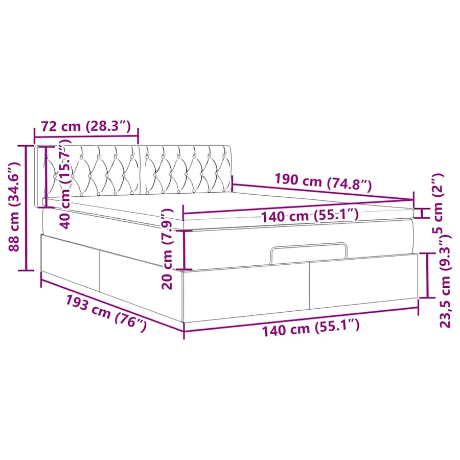 Cadre de lit ottoman avec matelas noir 140x190 cm velours - 16