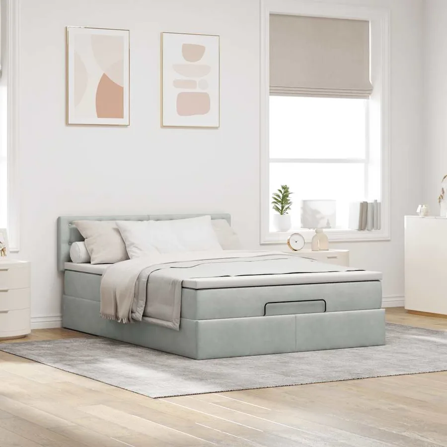 Cadre de lit ottoman et matelas gris clair 140x190 velours - 4