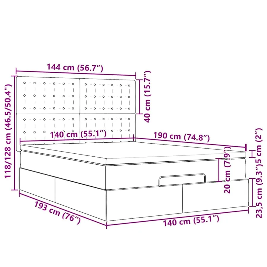 Cadre de lit ottoman et matelas gris clair 140x190 velours - 18