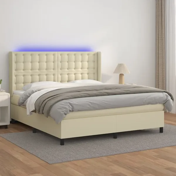Sommier à lattes de lit matelas LED Crème 160x200 cm Similicuir