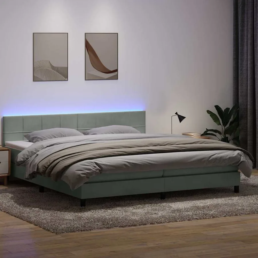 Sommier à lattes de lit et matelas et LED gris clair 200x210cm velours
