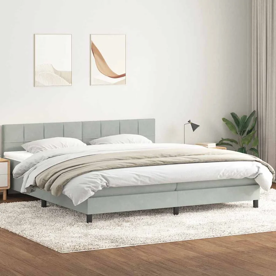 Sommier à lattes de lit et matelas et LED gris clair 200x210cm velours - 4