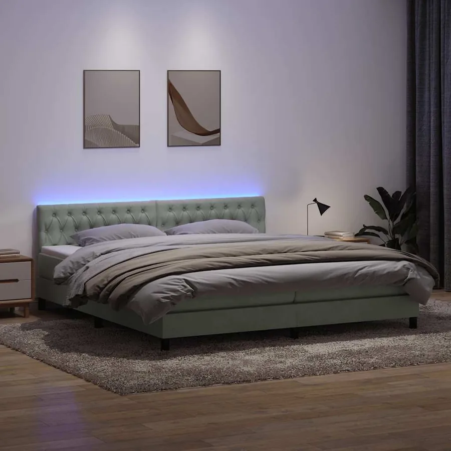 Sommier à lattes de lit et matelas et LED gris clair 200x210cm velours