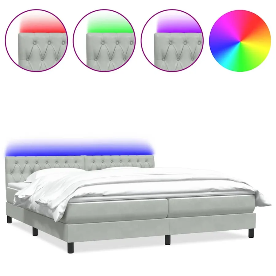 Sommier à lattes de lit et matelas et LED gris clair 200x210cm velours - 2