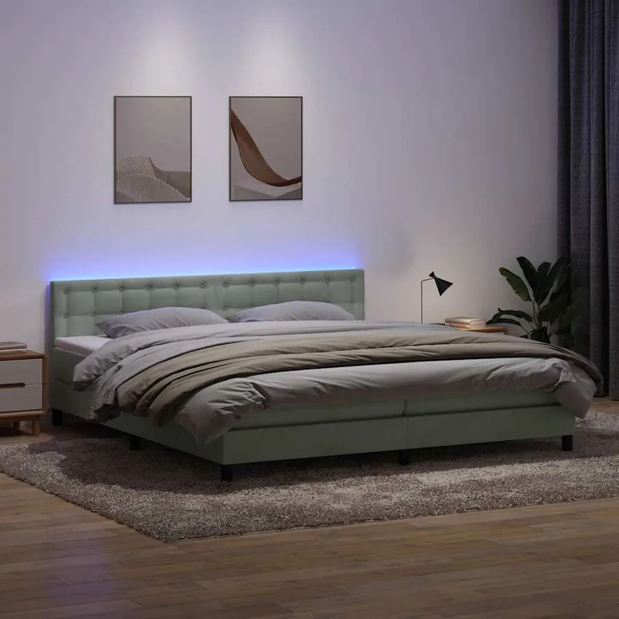 Sommier à lattes de lit et matelas et LED gris clair 200x210cm velours