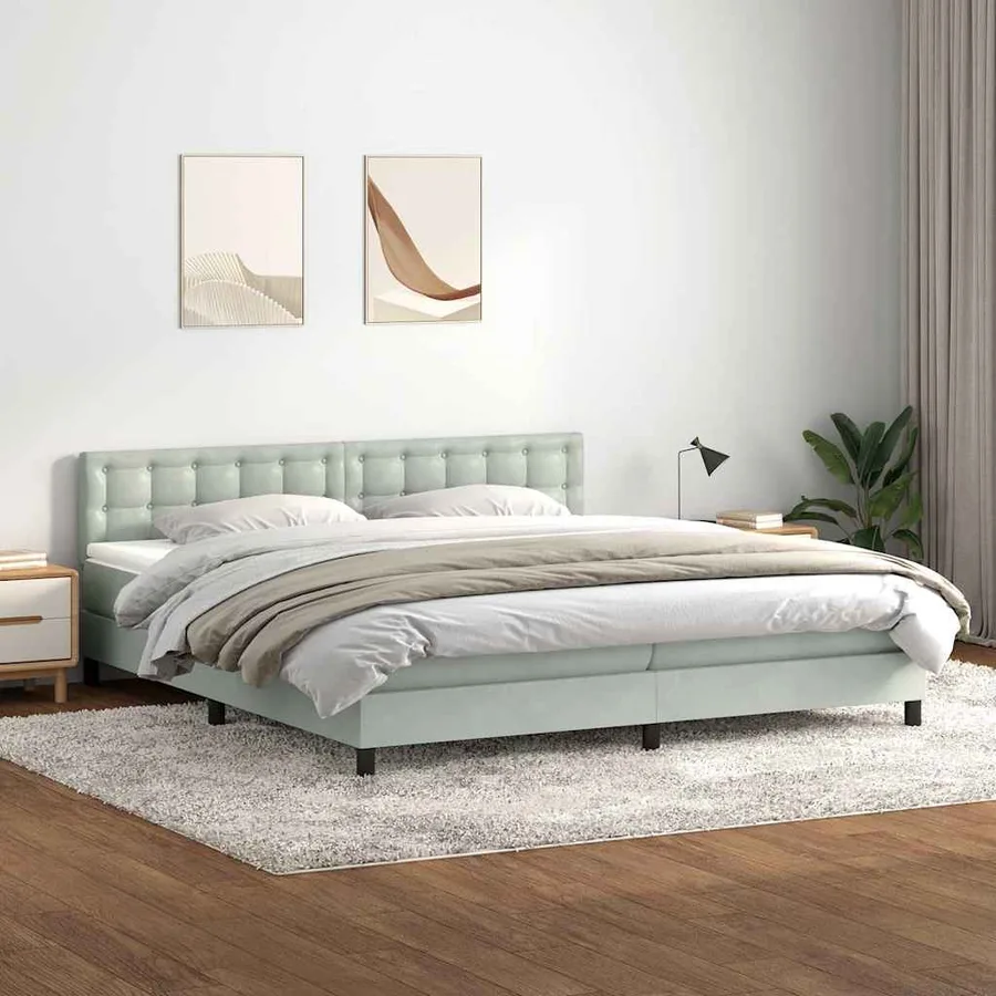 Sommier à lattes de lit et matelas et LED gris clair 200x210cm velours - 4