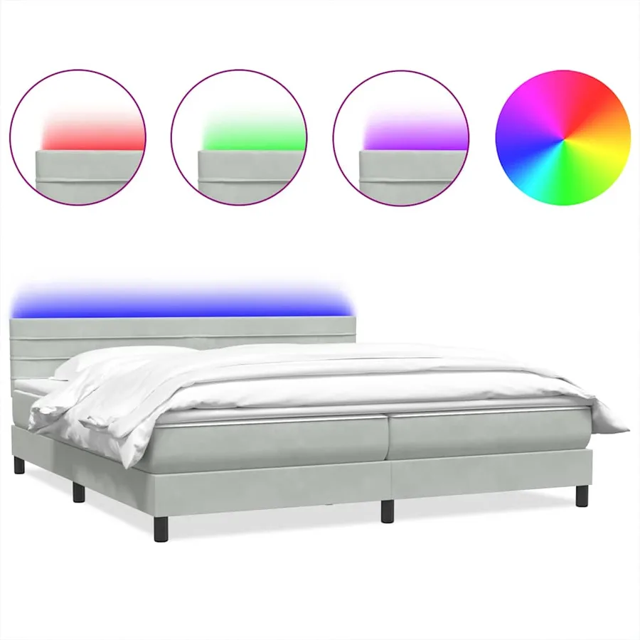 Sommier à lattes de lit et matelas et LED gris clair 200x210cm velours - 2