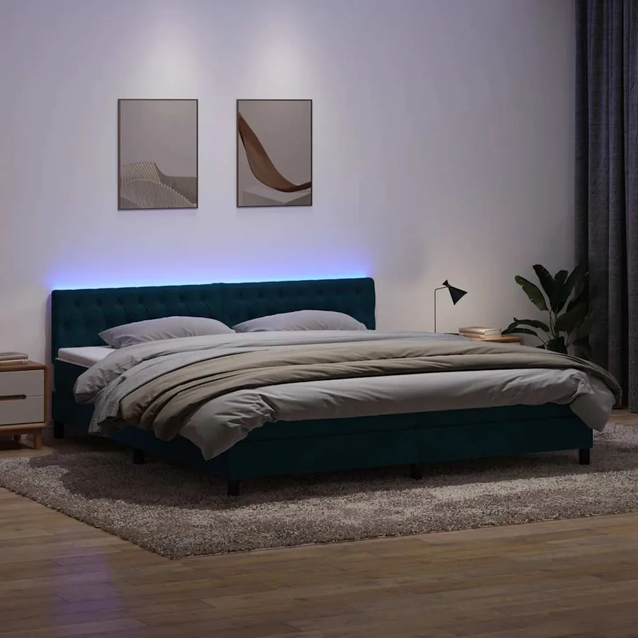 Sommier à lattes de lit et matelas et LED bleu foncé 180x210cm velours