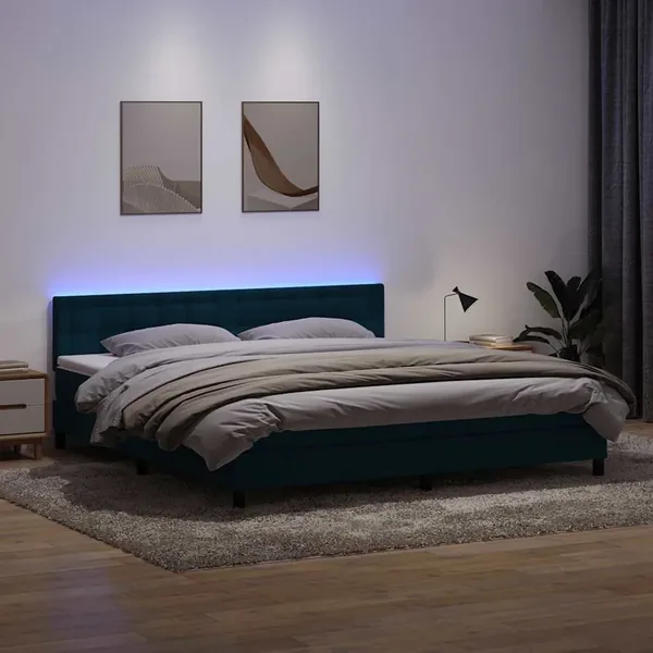 Sommier à lattes de lit et matelas et LED bleu foncé 180x210cm velours