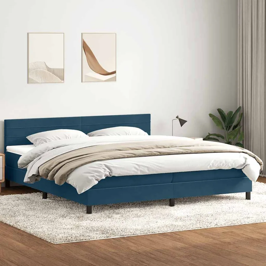 Sommier à lattes de lit et matelas bleu foncé 180x210cm velours