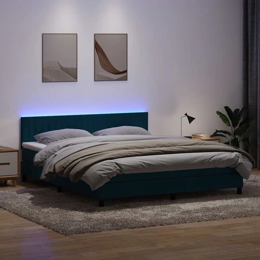 Sommier à lattes de lit et matelas et LED bleu foncé 180x210cm velours - 4