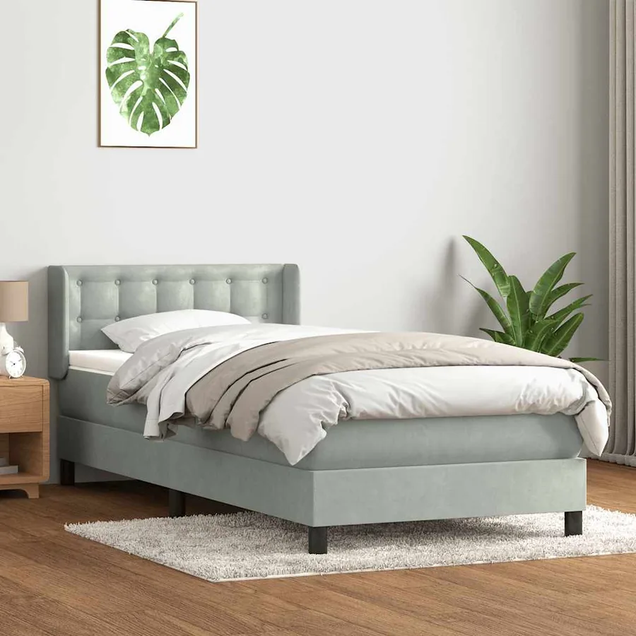 Sommier à lattes de lit et matelas gris clair 100x210cm velours