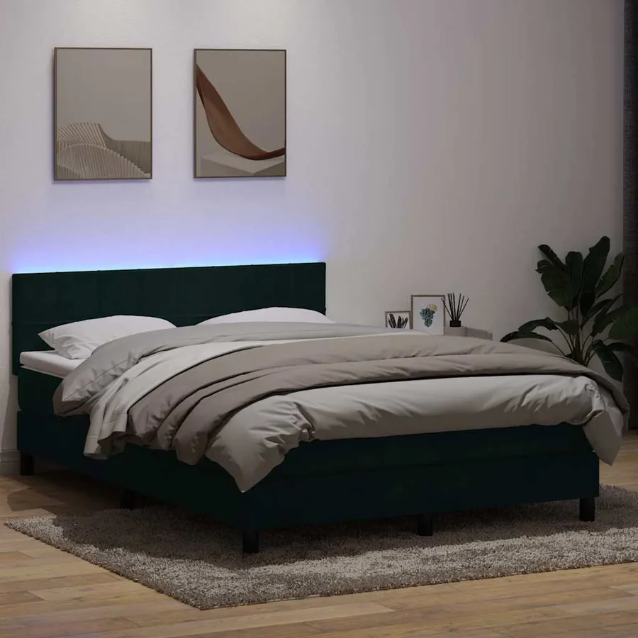 Sommier à lattes de lit et matelas et LED vert foncé 160x210cm velours