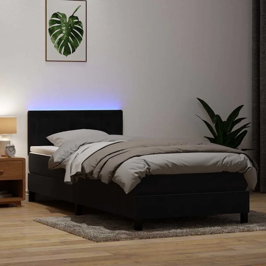 Sommier à lattes de lit avec matelas et LED noir 90x220 cm velours