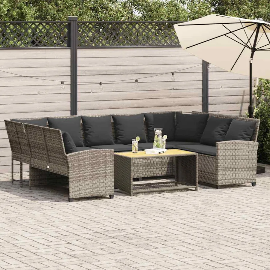 Canapé de jardin et coussins gris clair résine tressée