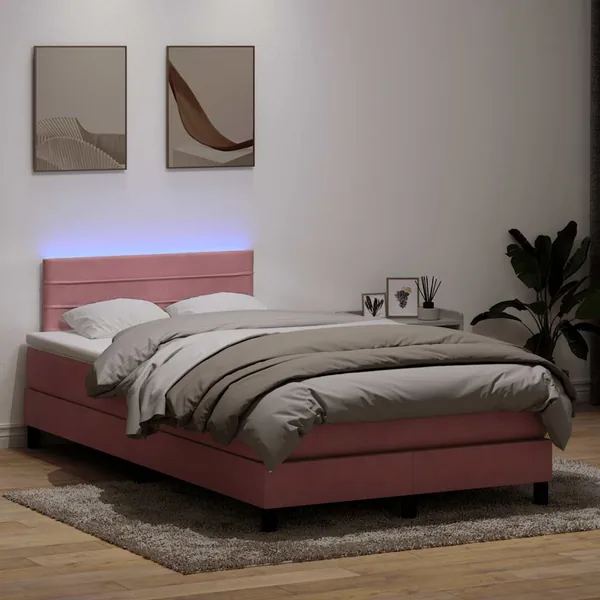 Sommier à lattes de lit avec matelas et LED rose 120x210 cm velours