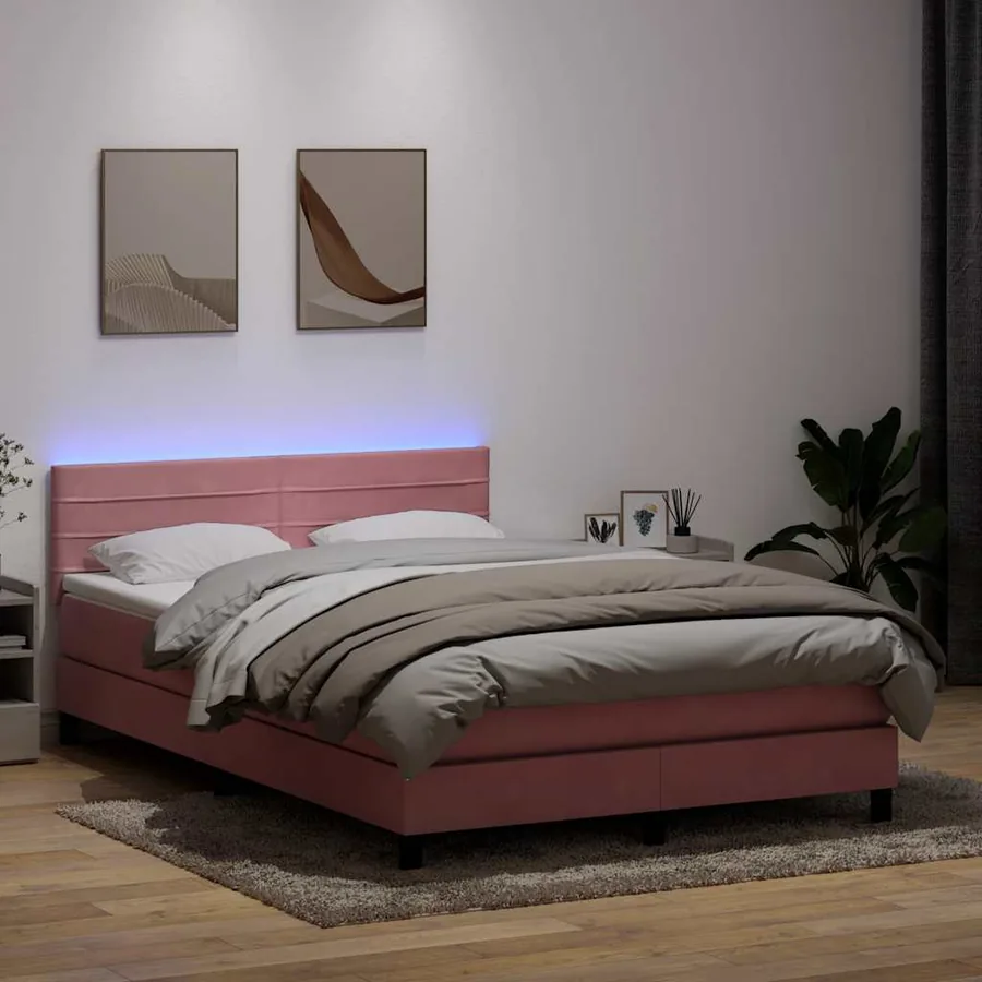Sommier à lattes de lit avec matelas et LED rose 160x210 cm velours